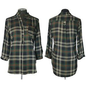 CALS – Green Plaid Roll Tab Sleeve Button Front Top – Small
